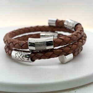 Sterling silver and brown leather adjustable size bracelet